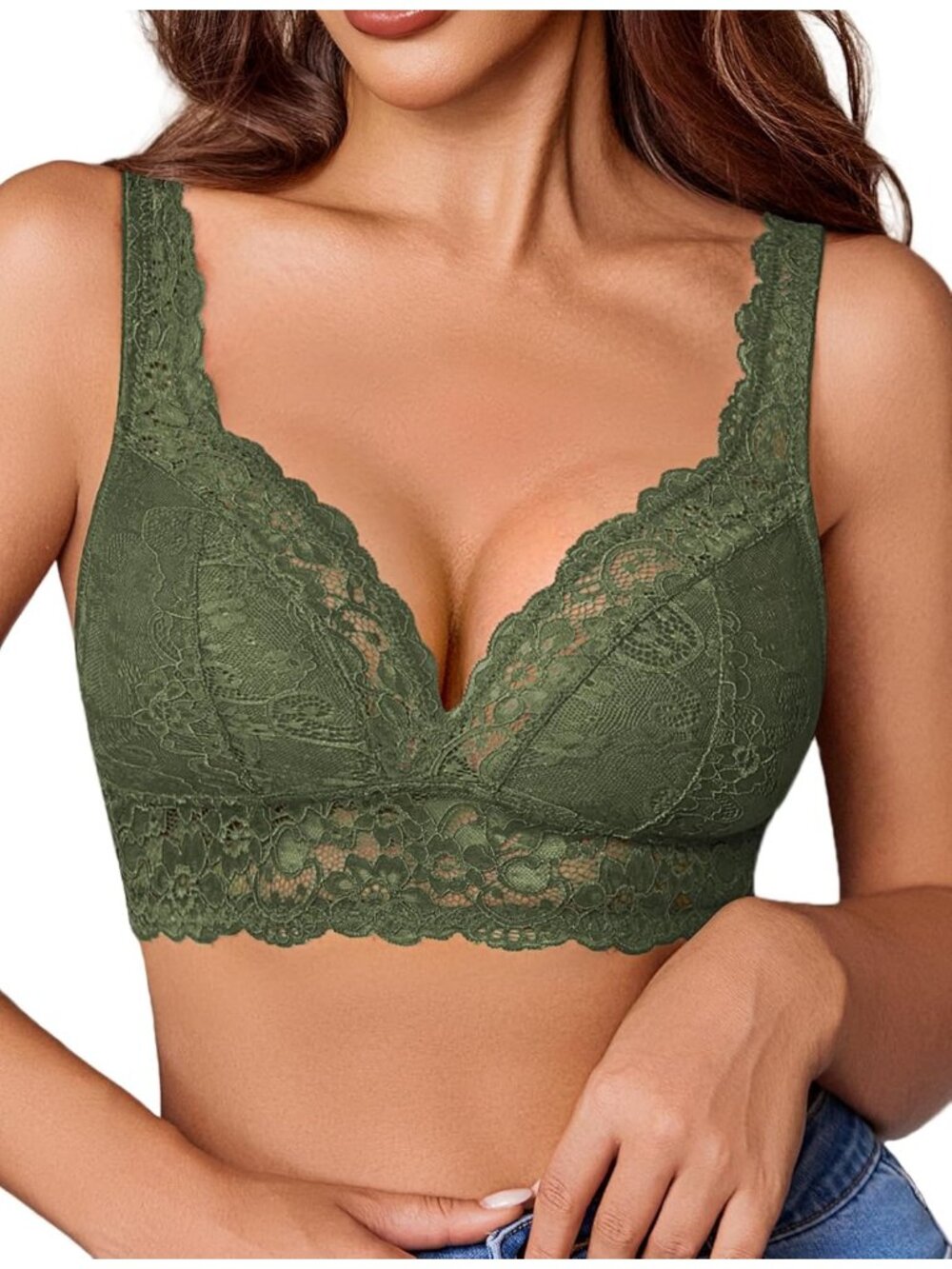 🆕Women's Army Green Lace Braclettes V Neck Wireless Bras Unlined Basic Comfy